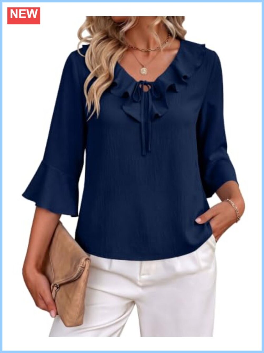 Women Dressy Casual V Neck Ruffle 3/4 Sleeve Viscose Crinkle Blouse